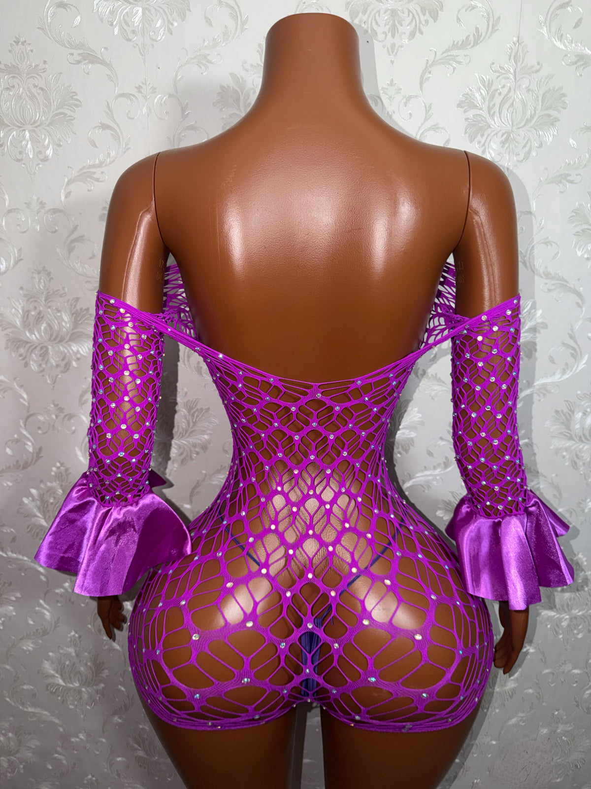 Kayla Off Shoulder Rhinestone Fishnet Romper Fits XS-M