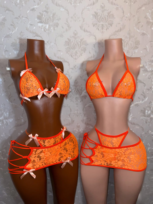 Tangerine — Lace Skirt Set With Bikini Fits XS-M Optional Bows