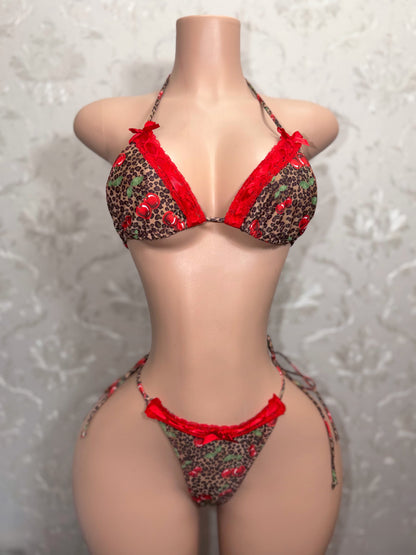 Sweet Cherry Pie Lace Trim Leopard Bikini