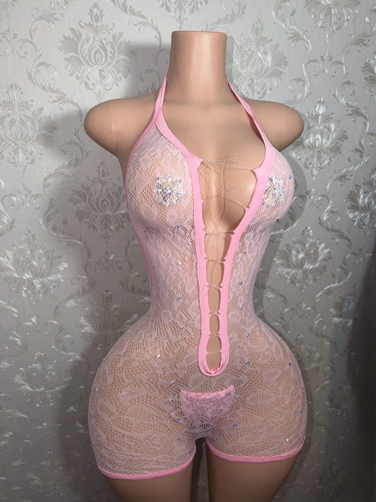 Aaliyah Clear Cord Rhinestone Cheetah Romper Set With Thong Fits XS-L