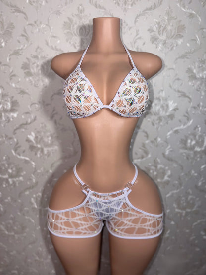 White Desiree Fishnets 2 Piece Chaps Shorts Set Fits M