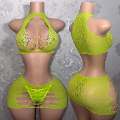 Syn 2 Piece Fishnet Skirt Set Fits XS-L