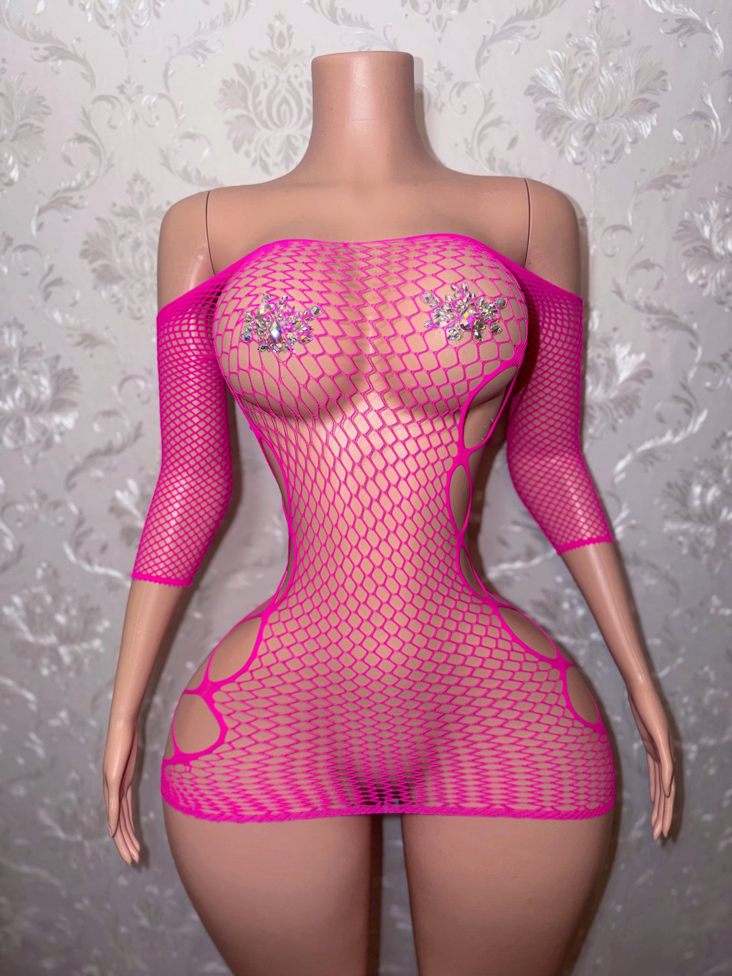 Teyana Fishnet Dress Optional Thong Fits XS-L