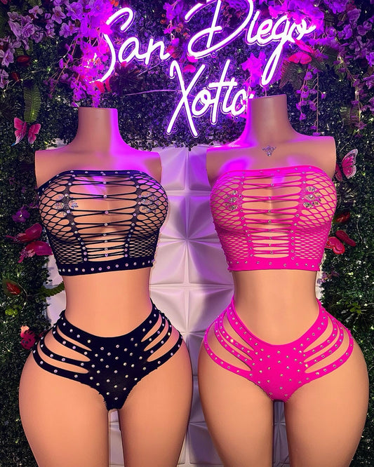 Natina 2 Piece Cheeky Fishnet Thong Set Fits All