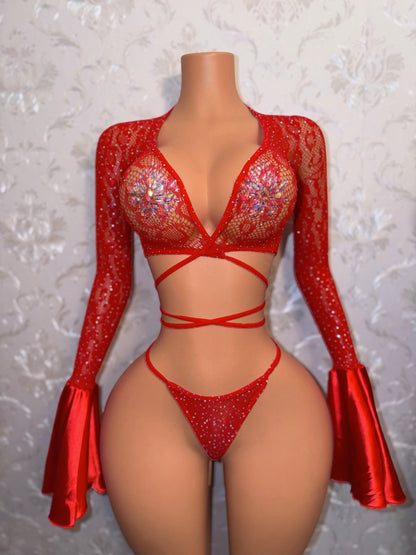 Sweetie Cheetah Fishnet 2 Piece Satin Bell Sleeve Fits XS-M