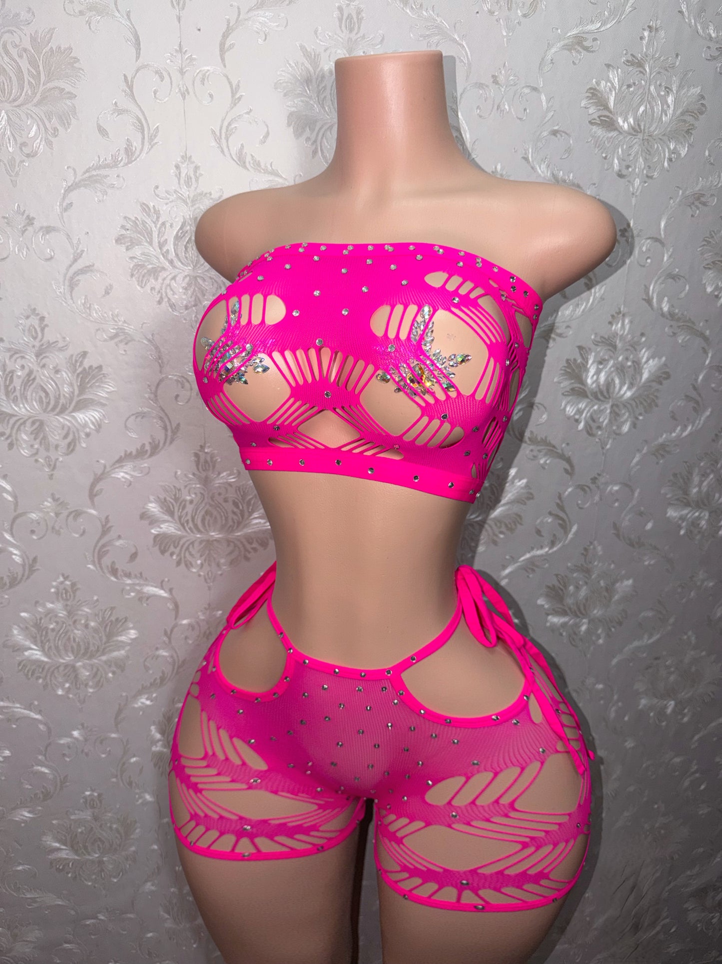 Xtina Rhinestone Cutout Fishnet Shorts Set Fits M