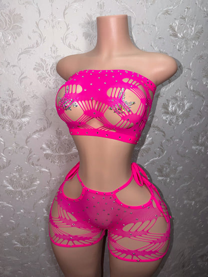 Xtina Rhinestone Cutout Fishnet Shorts Set Fits M