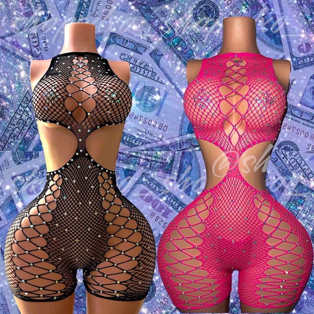 Regina — Fishnet Romper with Rhinestones Fits XS-M