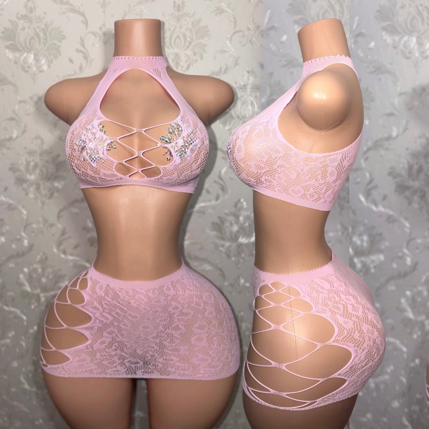Syn 2 Piece Fishnet Skirt Set Fits XS-L