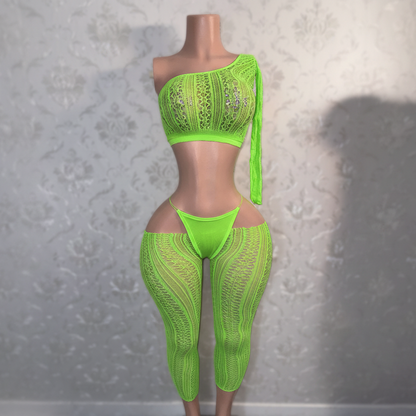 Leila Mandala Lace Fishnet Cut Off Pants Set Optional Thong Fits XS-L