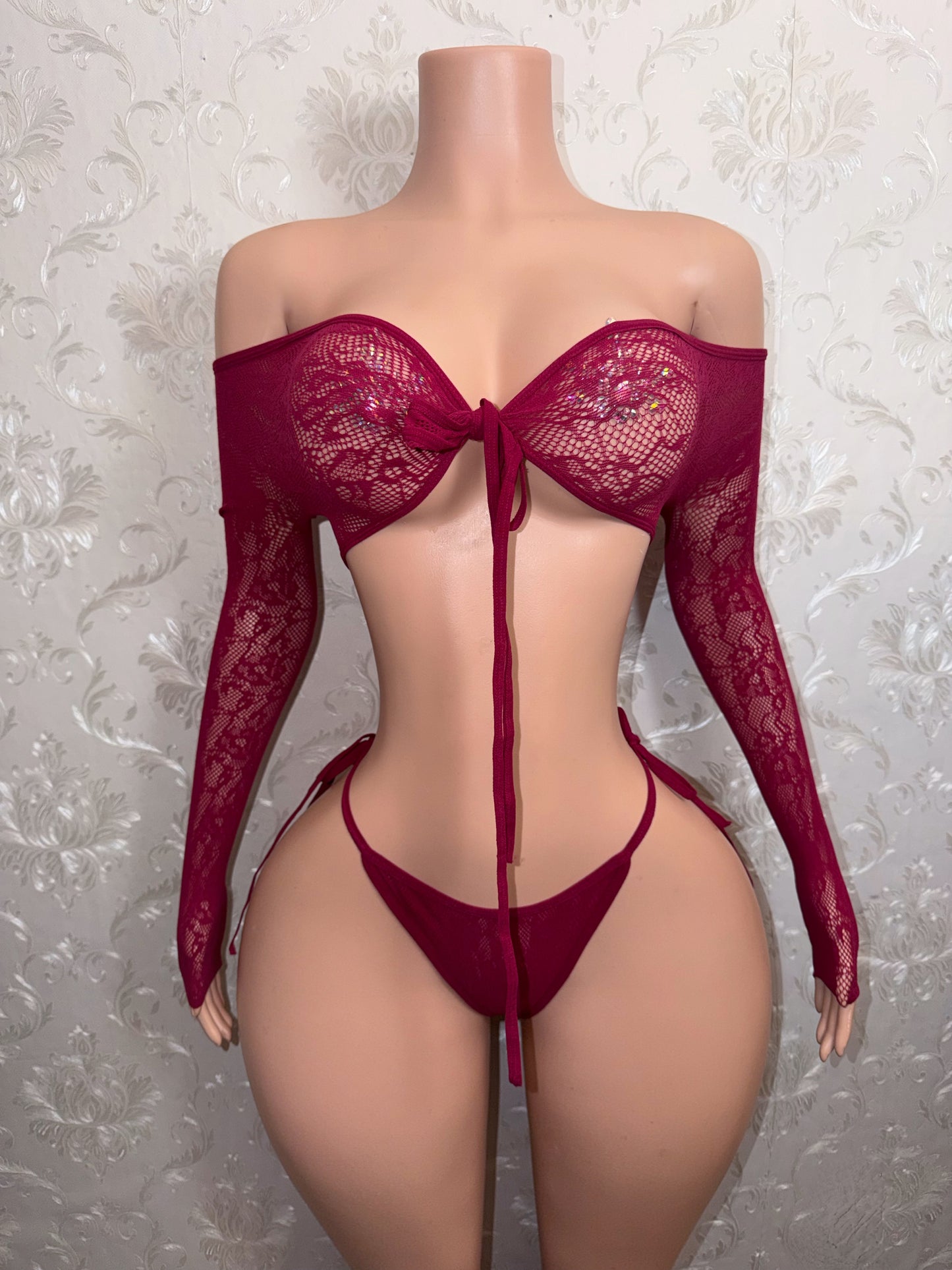 Venus Fishnet Criss Crossed Long Sleeve Top and Thong Fits XS-L