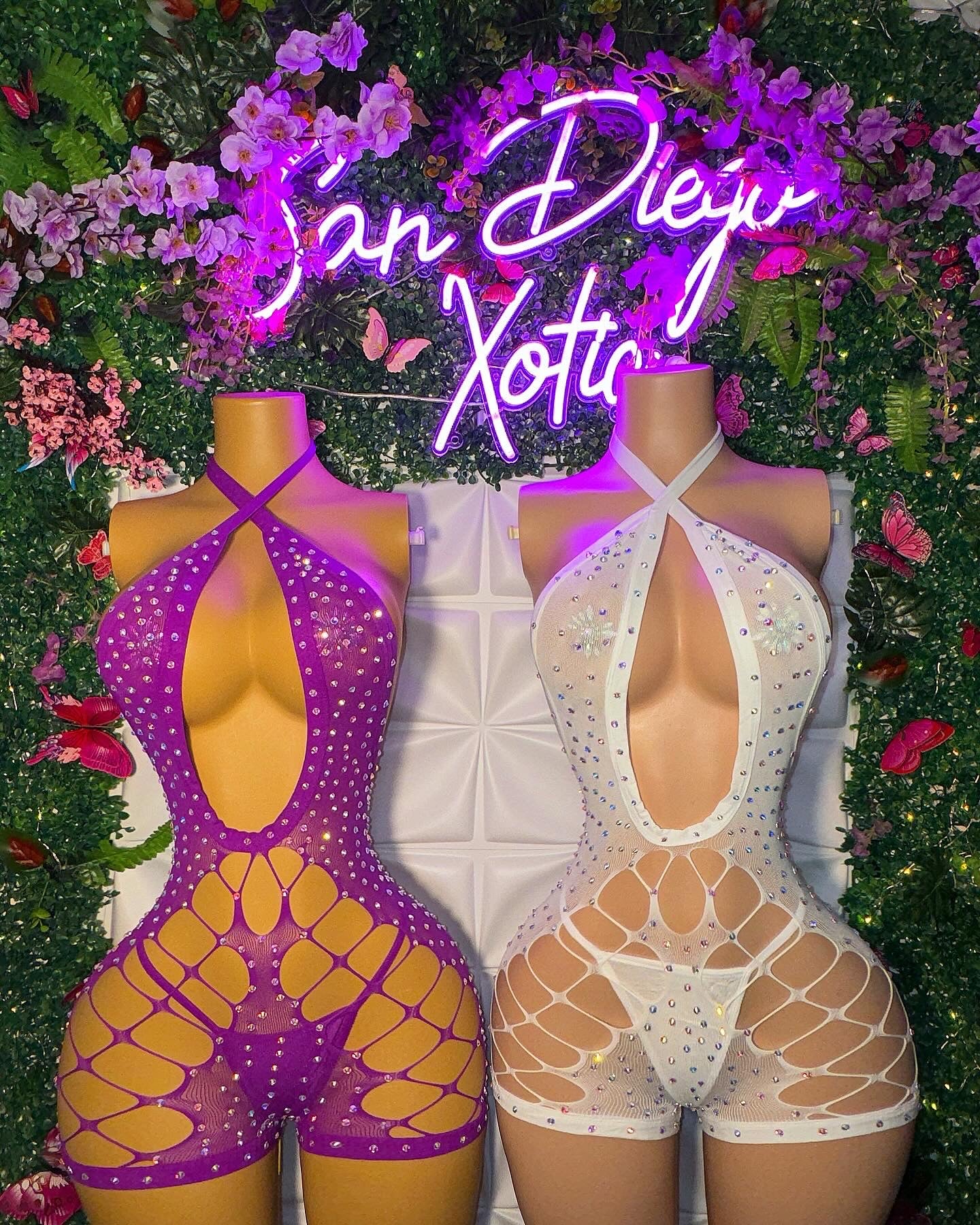 Dollas — Royal Purple Mesh Romper with Rhinestones and Thong Fits XS-M