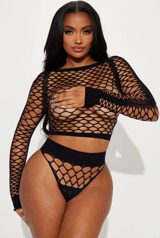 Demaris — Fishnet Long Sleeve Crop Top and Thong Set Fits XS-XL