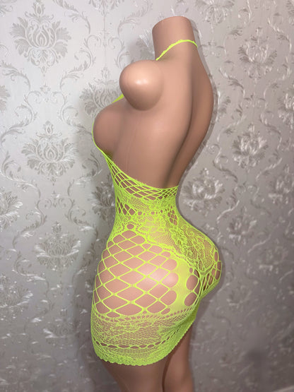 Lace Detail Neon Yellow Fishnet Dress Fits XS-XL