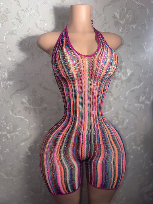 Onika Multicolor Rhinestone Halter Fishnet Romper Fits XS-XL