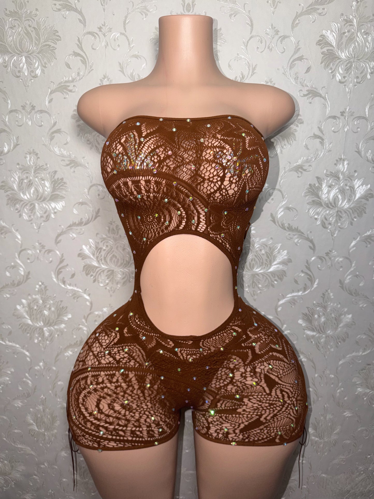 Mocha Brown Lace Fishnet Romper Set with Thong Fits Curvy M-XXL