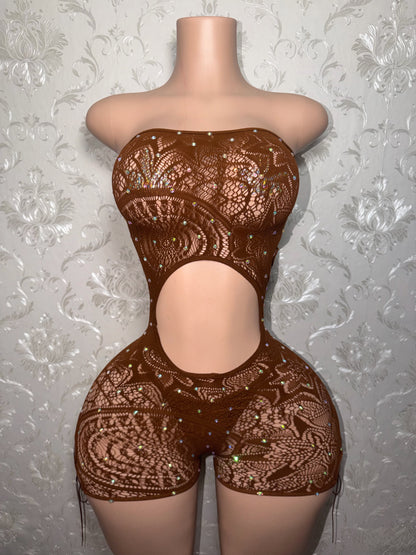 Mocha Brown Lace Fishnet Romper Set with Thong Fits Curvy M-XXL