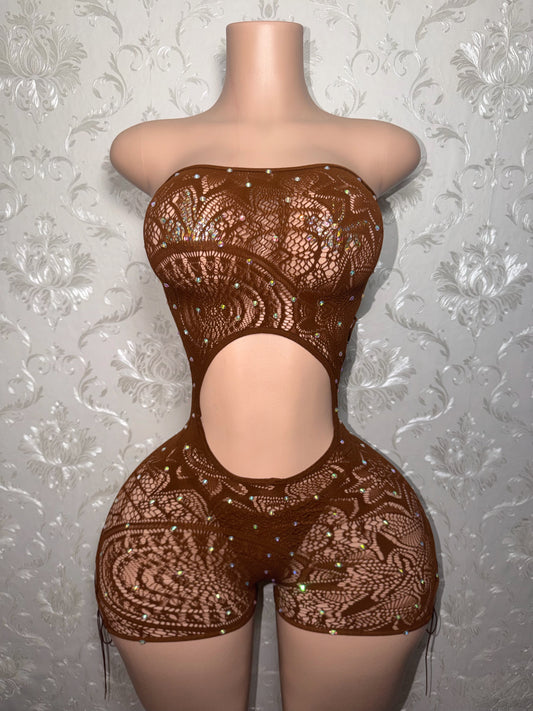 Mocha Brown Lace Fishnet Romper Set with Thong Fits Curvy M-XXL