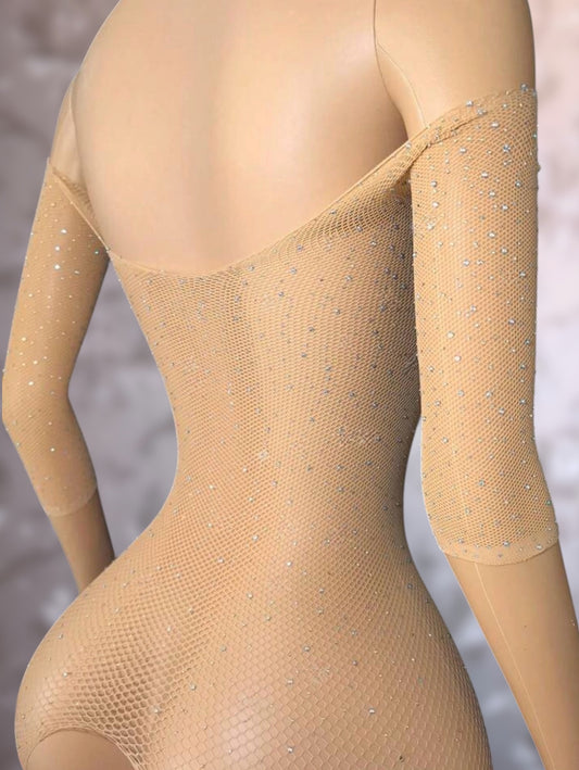 Glamour Himynameistee Nude Rhinestone Fishnet Bodystocking XS-L