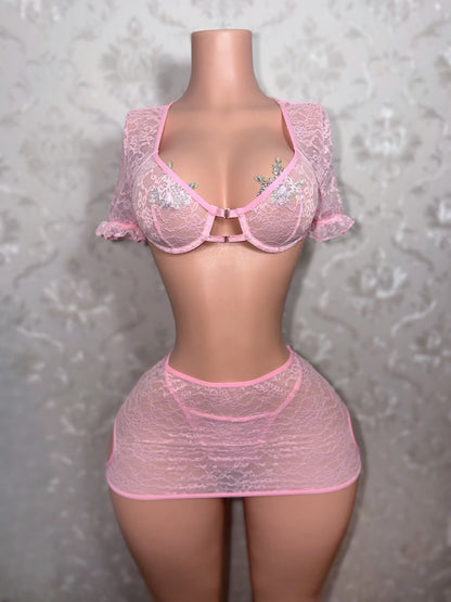 Delina Floral Lace 3 Piece Skirt Set