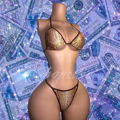 Better in Brown Champagne Gold Snakeskin Bikini with Stones