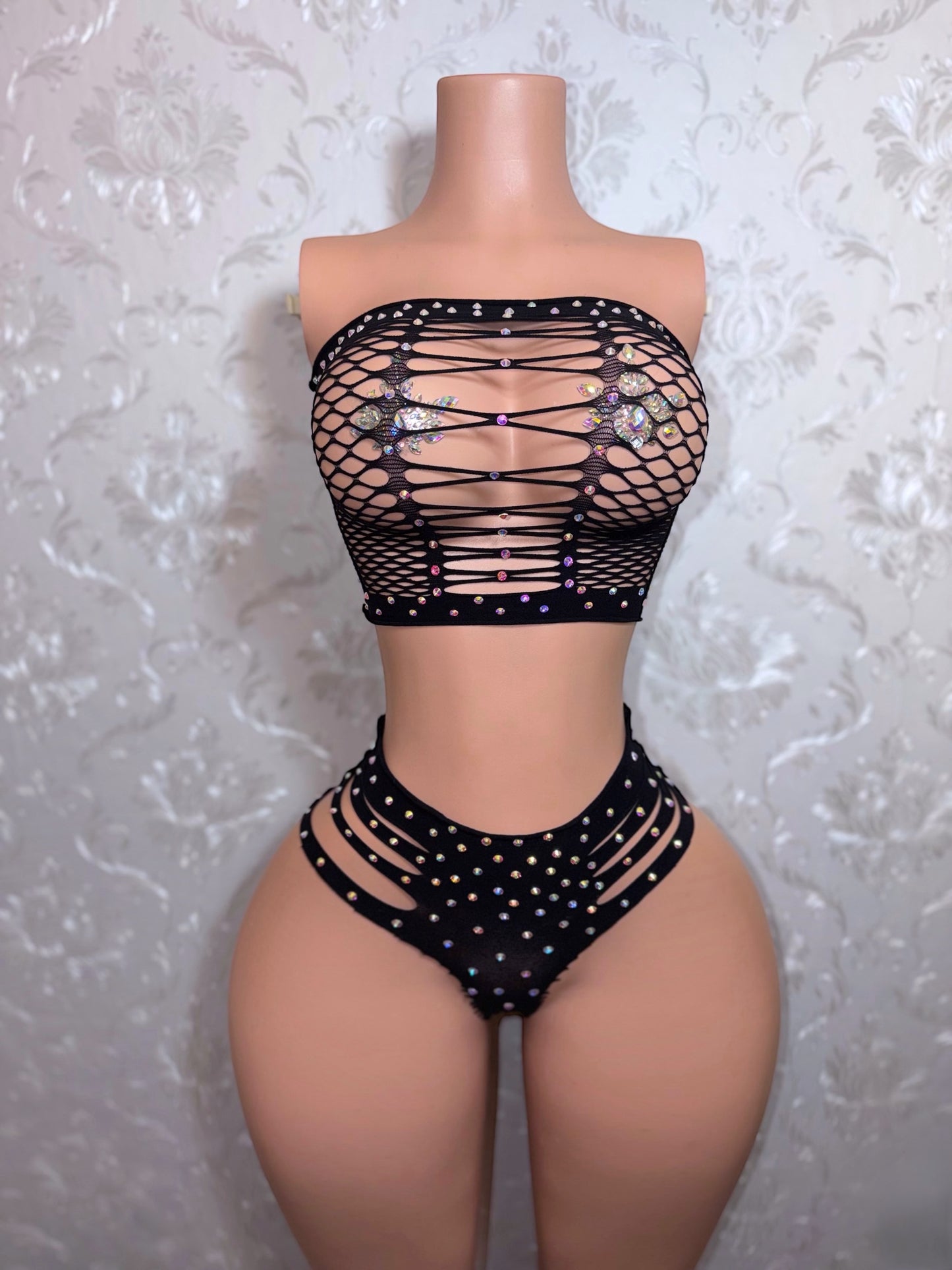 Natina EXTRA Rhinestones 2 Piece Cheeky Fishnet Set Fits All