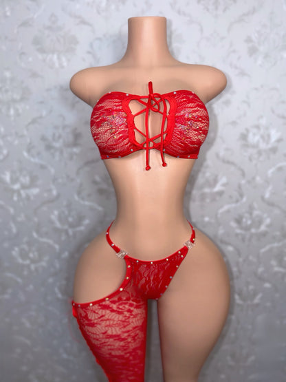 Highly Favored Strapless Lace Fishnet Chaps Set Fits S-L