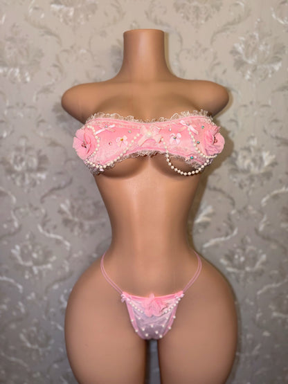 Paris Velour Ruffle Lace Trim Bandeau Bikini Set