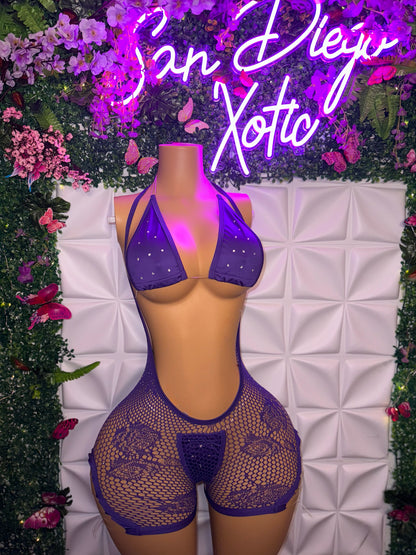 Plain Jane - Diamond Studded Fishnet 3 Piece Overall Shorts Set with Bikini in Royal Purple