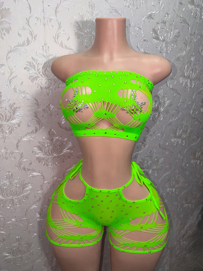 Xtina Rhinestone Cutout Fishnet Shorts Set Fits M