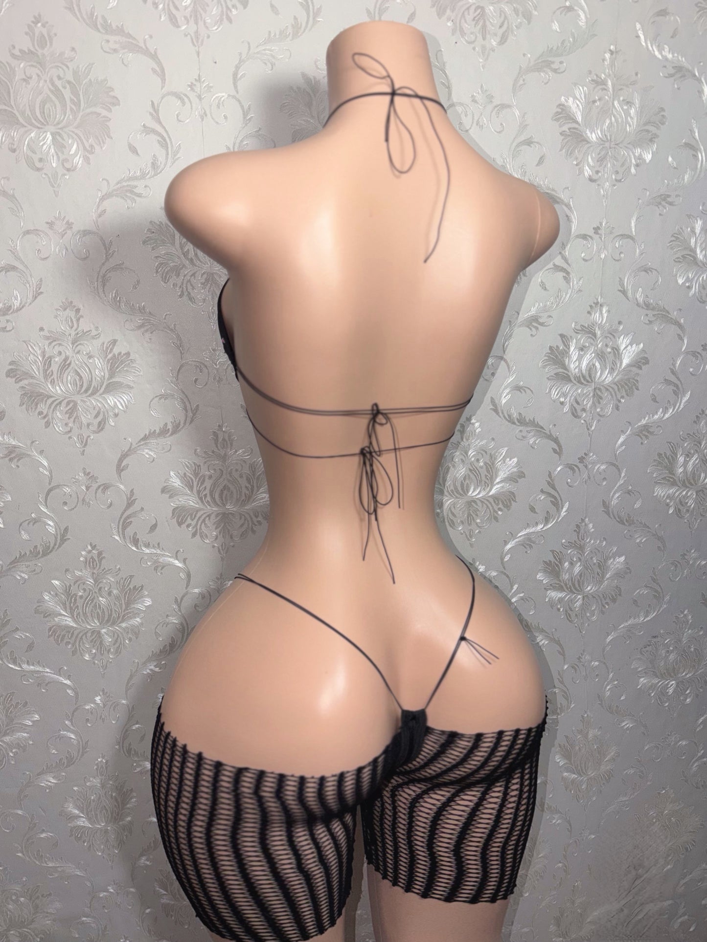Jayda Rhinestone 3 Piece Bikini Set Cutoff Fishnets