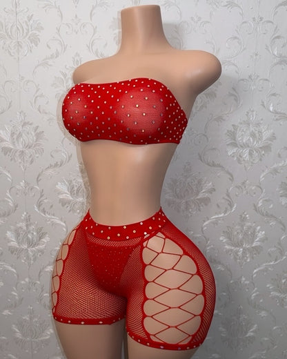 Majesty Rhinestone Crotchless Fishnet Shorts Set Fits XS-L
