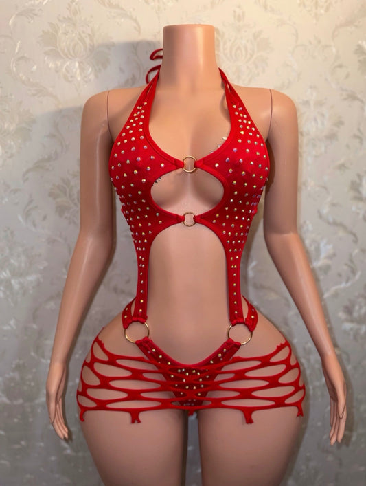 Sadé Rhinestone One Piece & Fishnet Shawl + Skirt Set Fits S-L