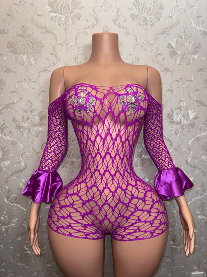 Kayla — Off Shoulder Fishnet Romper Fits XS-M