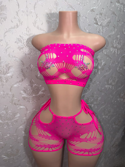 Xtina Rhinestone Cutout Fishnet Shorts Set Fits M