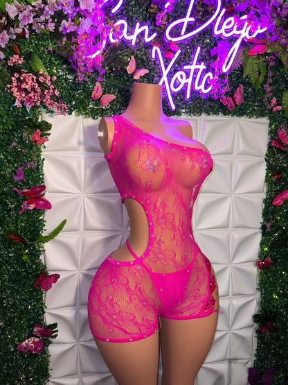 XTC — Diamond Fishnet Floral Lace Romper Set with Thong Fits XS-L