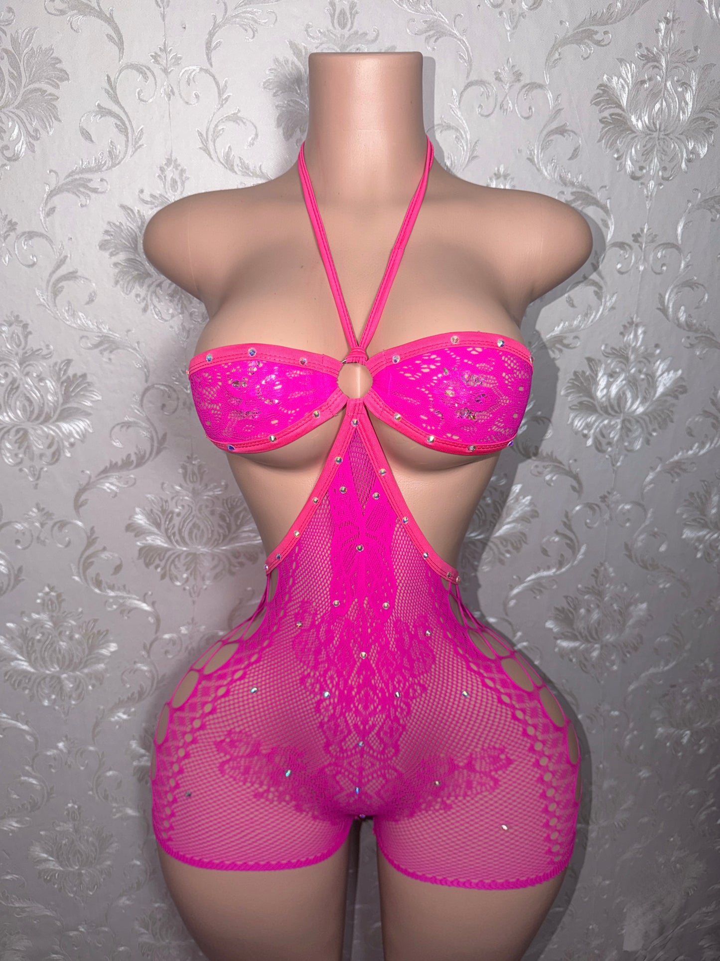Noir Vixen Halter Fishnet Romper With Rhinestones Fits XS-M