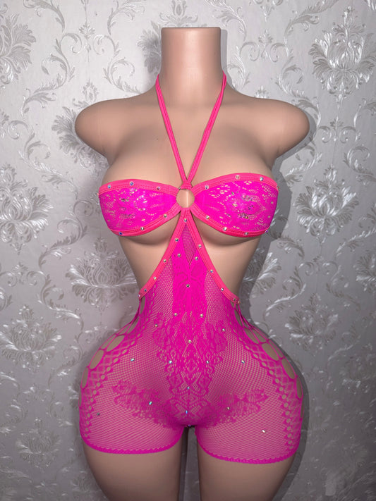 Vixen Halter Fishnet Romper With Rhinestones Fits XS-M