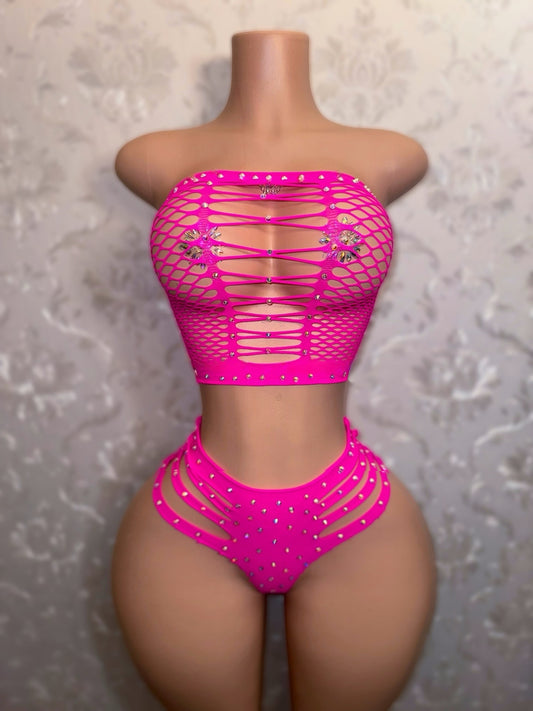 Natina 2 Piece Cheeky Fishnet Thong Set Fits All