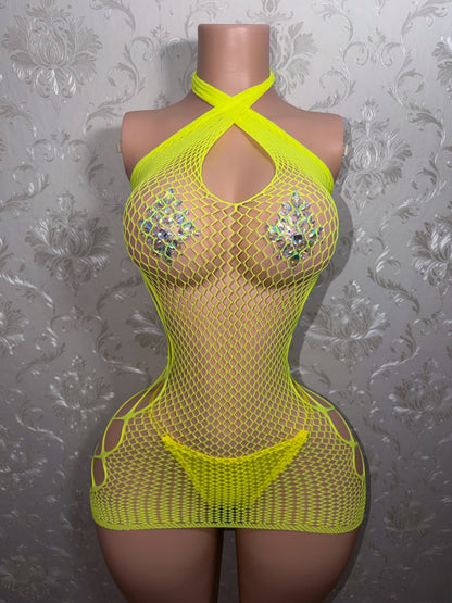 Teyana Fishnet Dress Optional Thong Fits XS-L