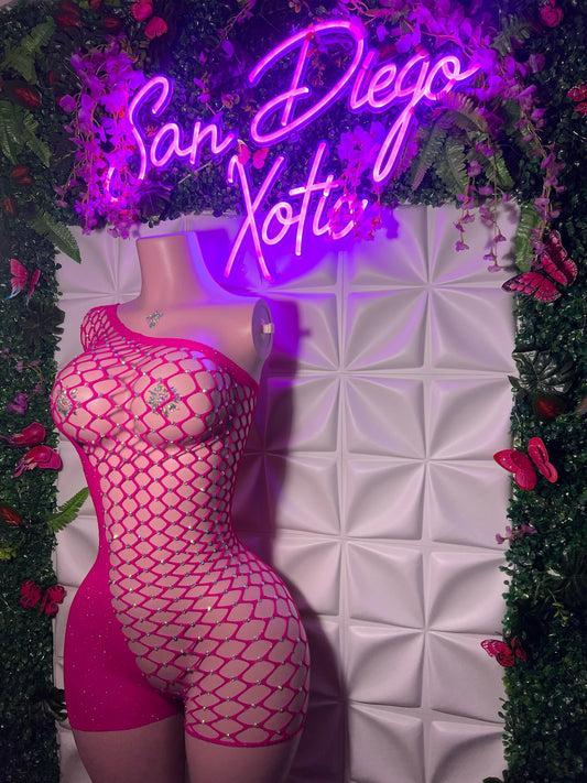 Holiday — Birthday Suit Bedazzled Romper Asymmetrical Fishnet Fits XS-L Optional Extra Stones