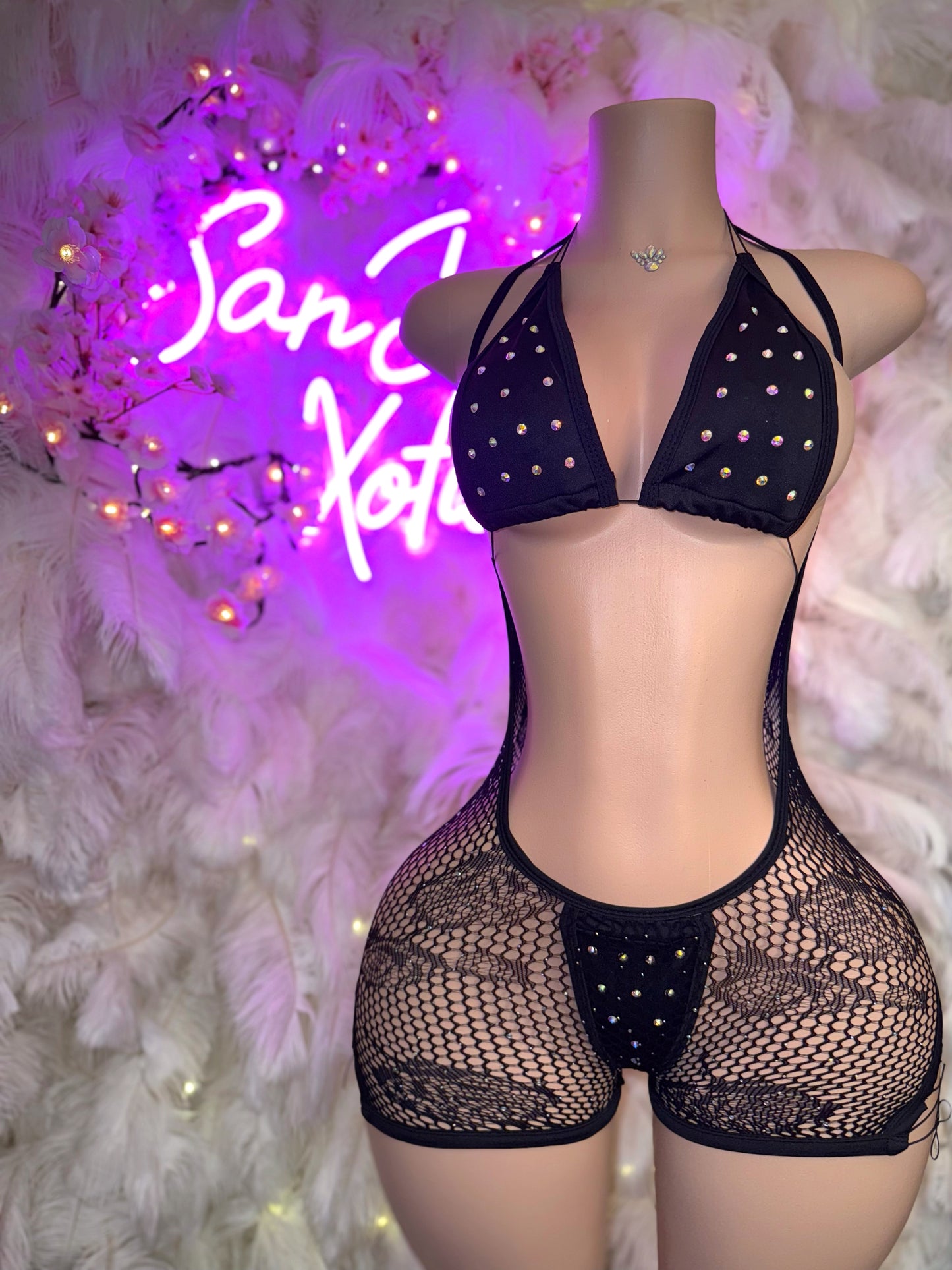 Plain Jane — Fishnet Hammock Shorts with Glittery Stones & Bikini 3 Piece Set Fits XS-L
