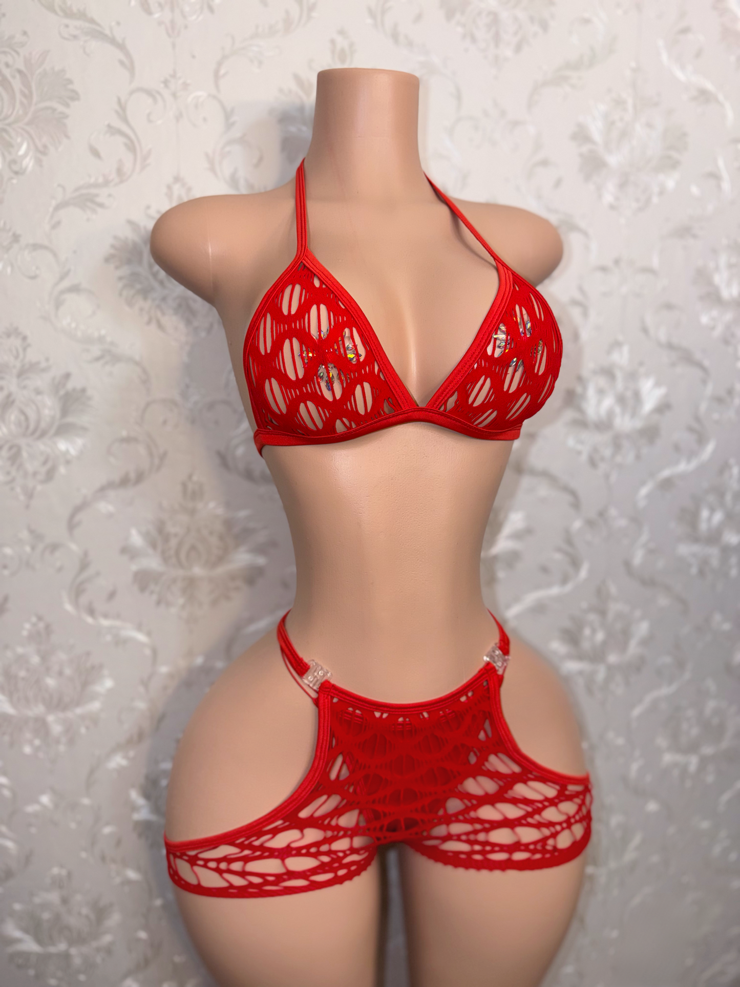 Desiree Plain Cutout Fishnet Clasp Chaps Shorts Set Fits S-L