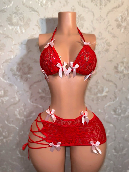 Cherry — Red 3 Piece Lace Skirt Set with Baby Pink Bows Fits XS-M