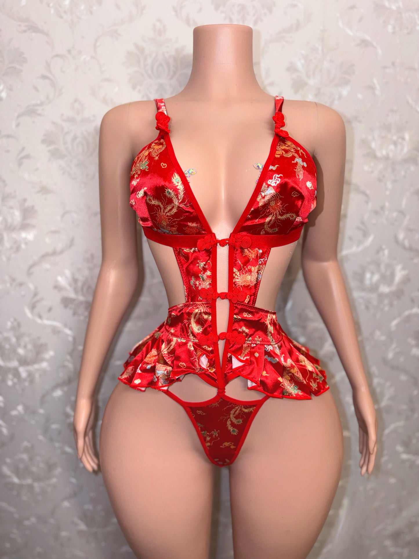 Shanghai Princess Red Dragon Pleated Satin 1 Piece Fits M