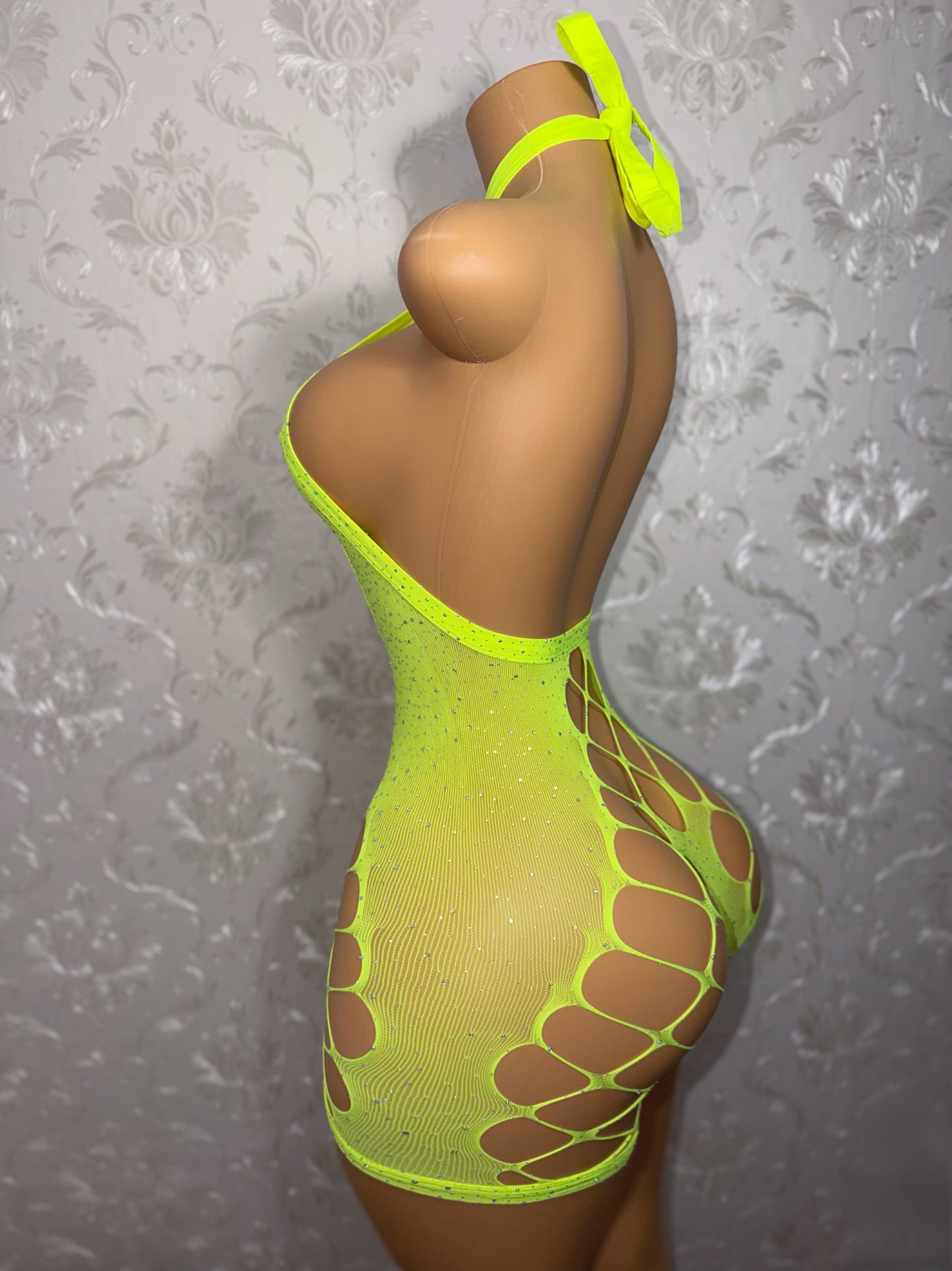 Dollas Diamond Sheer Fishnet Romper Fits XS-XL