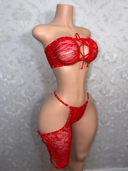 Highly Favored Strapless Lace Fishnet Chaps Set Fits S-L