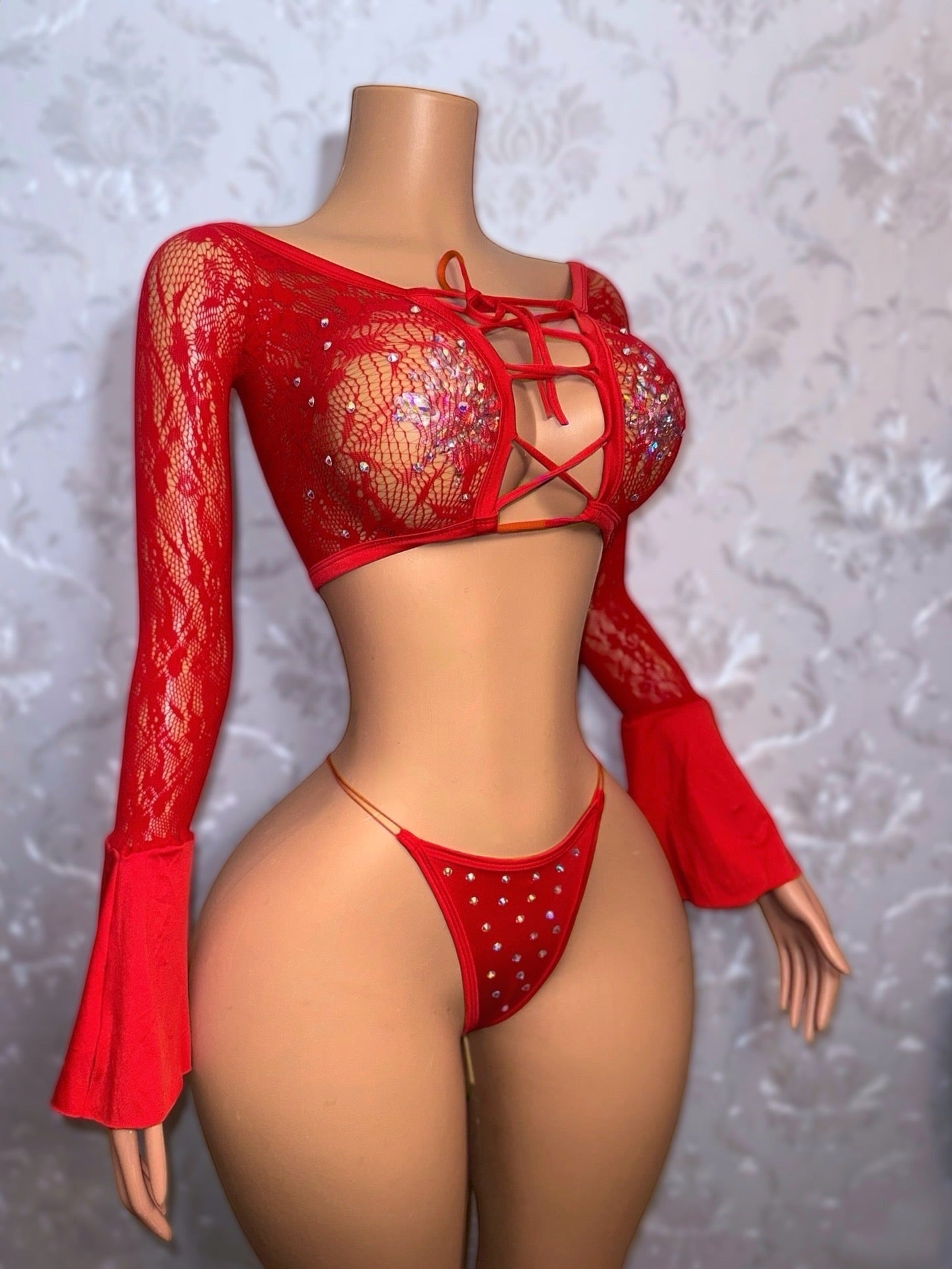 Bella Don — Lace Fishnet 2 Piece Bell Sleeve Set Fits XS-L