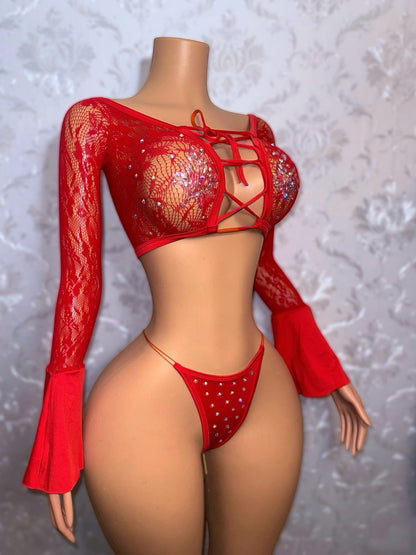 Bella Don — Lace Fishnet 2 Piece Bell Sleeve Set Fits XS-L