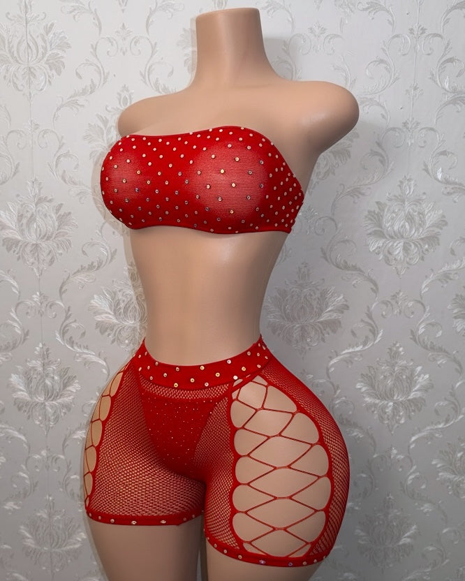 Majesty Rhinestone Crotchless Fishnet Shorts Set Fits XS-L